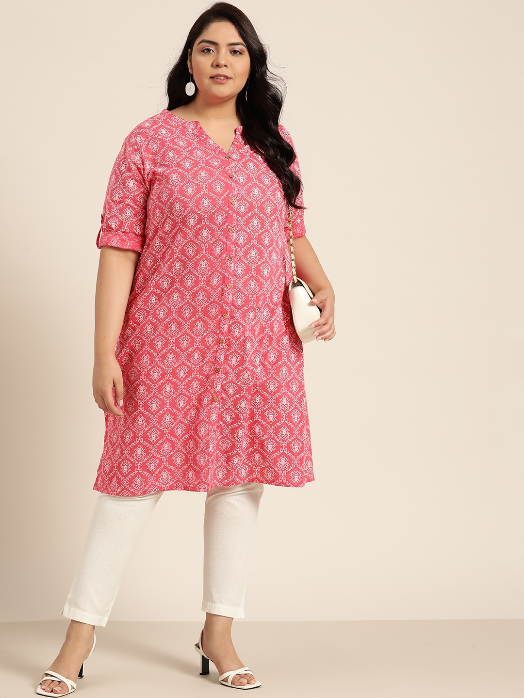 

Sztori Women Plus Size Pink & Off White Pure Cotton Ethnic Motifs Printed Straight Kurta