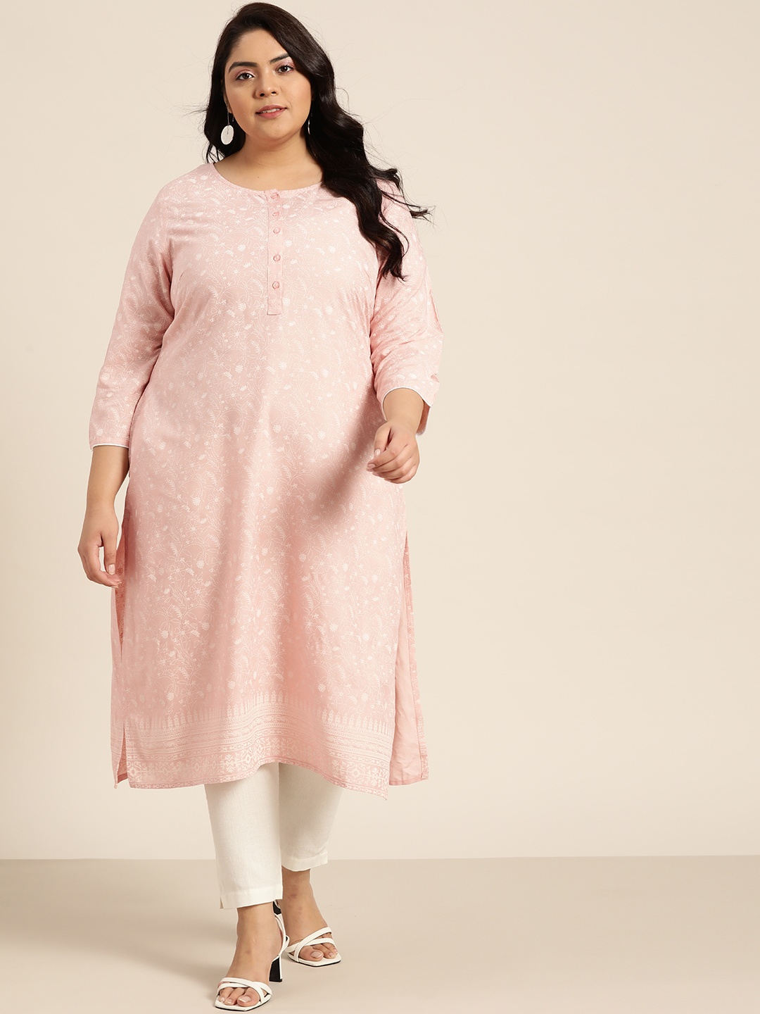 

Sztori Women Plus Size Pink & Off White Ethnic Motifs Printed Straight Kurta