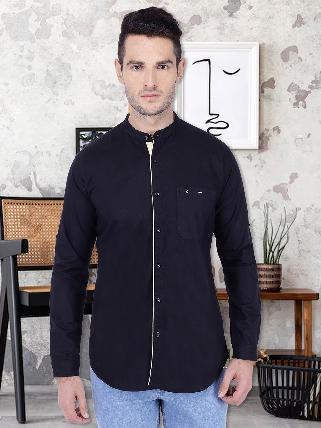 

Kuons Avenue Men Navy Blue Slim Fit Solid Cotton Linen Casual Shirt