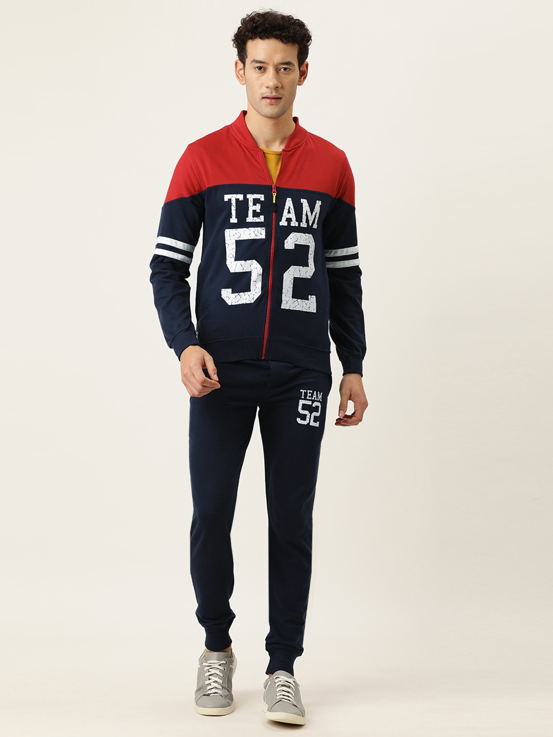 

Sports52 wear Men Navy Blue & Red ColourblocKed Cotton Tracksuit With Printed Detailing