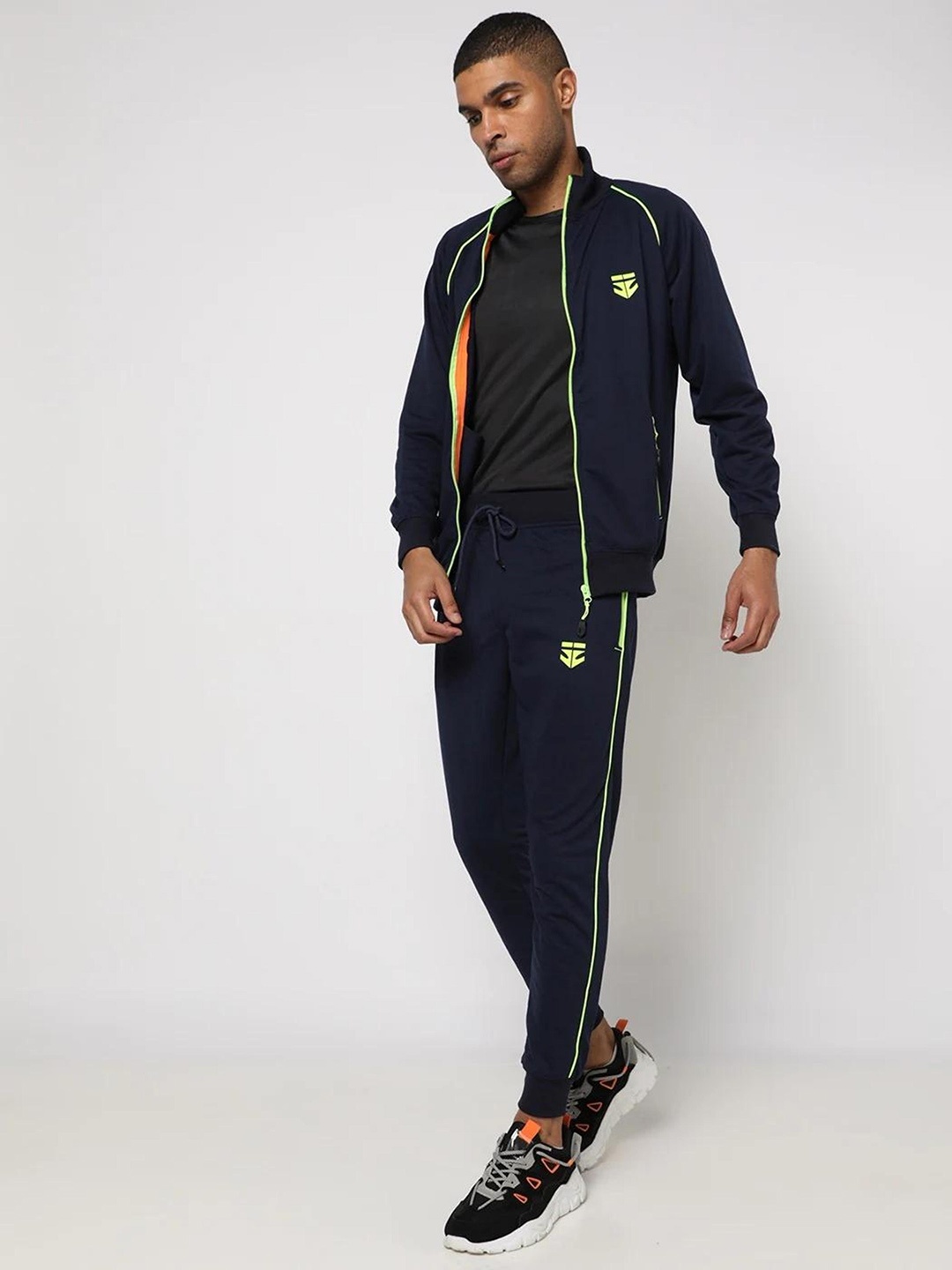 

Sports52 wear Men Navy Blue Brand Logo Printed Pure Cotton Tracksuit