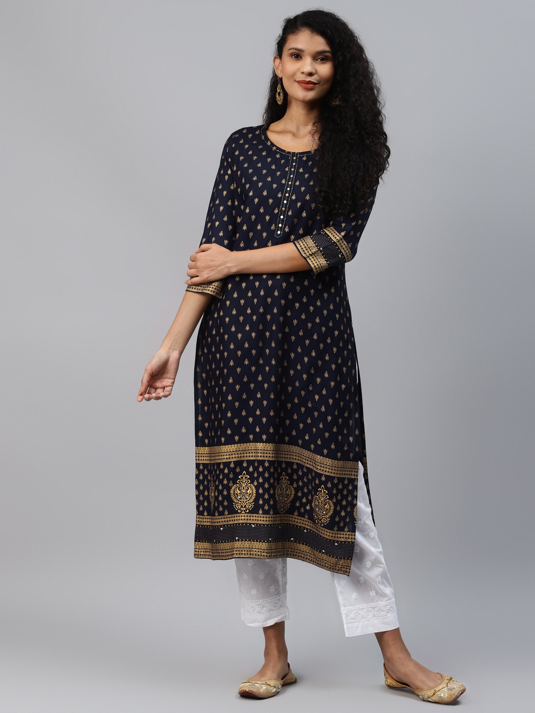 

Yufta Women Navy Blue & Golden Ethnic Motifs Printed Kurta