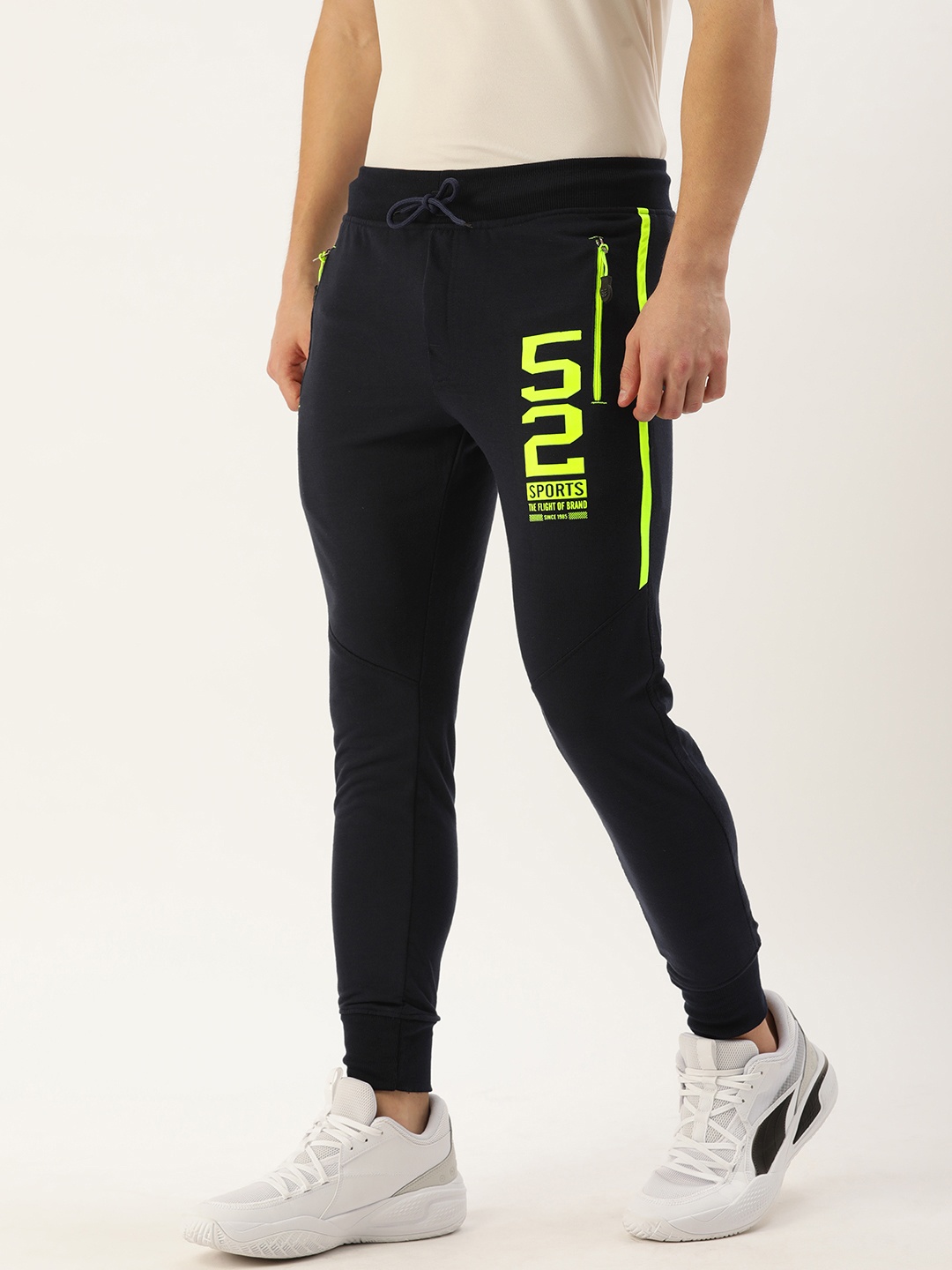 

Sports52 wear Men Navy Blue Slim Fit Printed Regular Joggers With Side Stripes