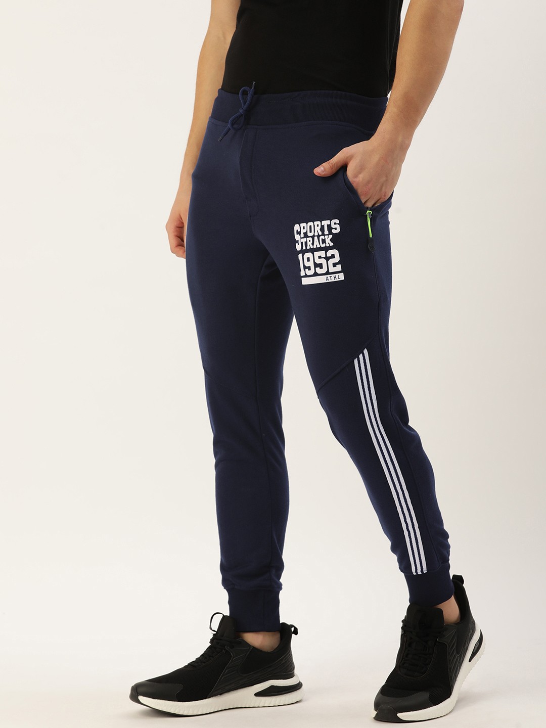 

Sports52 wear Men Navy Blue Slim Fit Printed Regular Joggers With Side Stripes