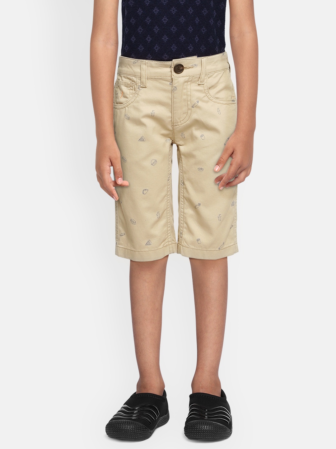 

Indian Terrain Boys Khaki Pure Cotton Printed Slim Fit Mid-Rise Regular Shorts