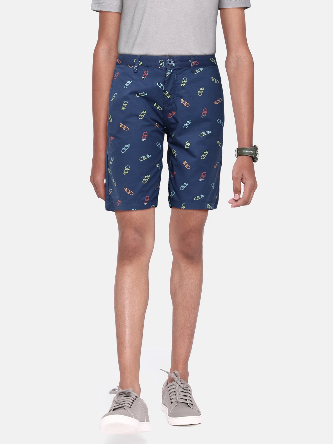 

Indian Terrain Boys Navy Blue Printed Slim Fit Mid-Rise Pure Cotton Chino Shorts
