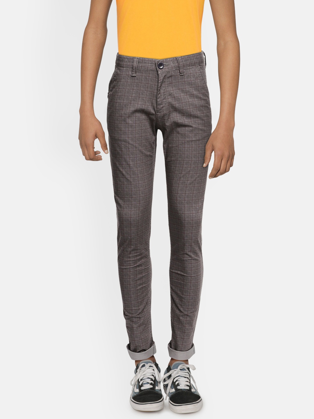 

Indian Terrain Boys Grey Checked Slim Fit Regular Trousers