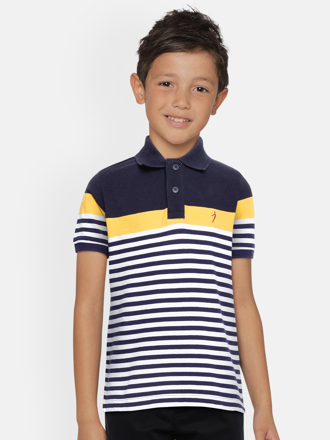 

Indian Terrain Boys Navy Blue White Striped Pure Cotton Polo Collar Pure Cotton T-shirt