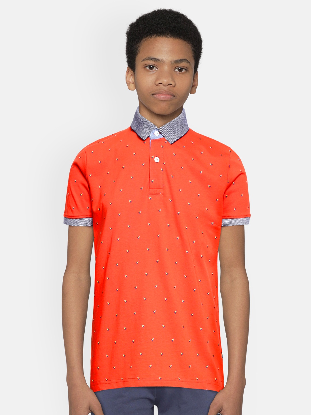 

Indian Terrain Boys Orange Printed Pure Cotton Polo Collar Pure Cotton T-shirt