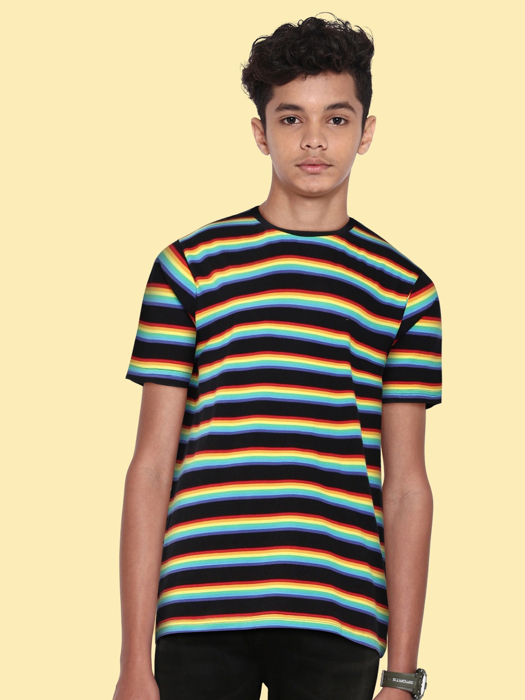

Indian Terrain Boys Black Striped Pure Cotton T-shirt