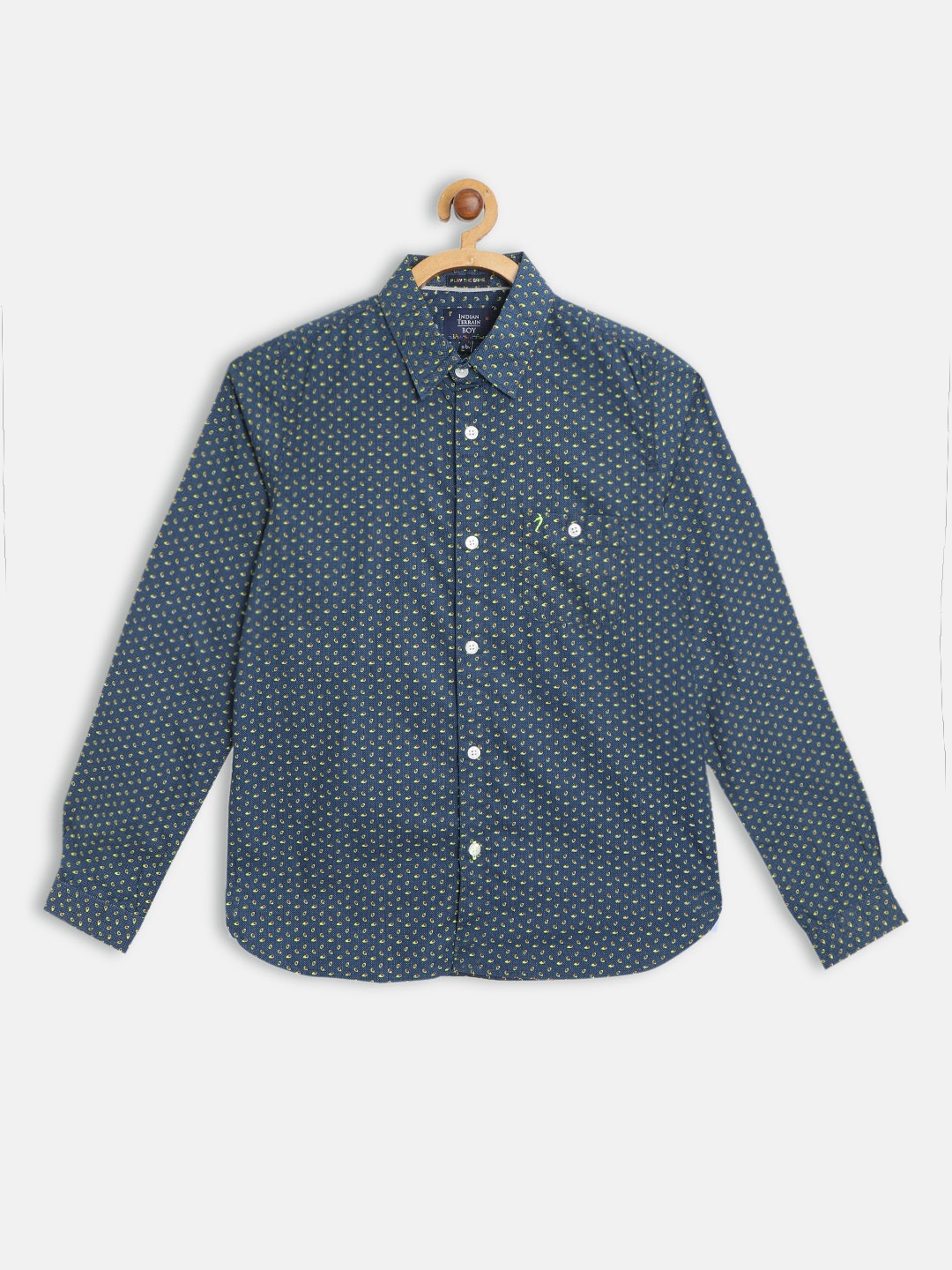 

Indian Terrain Boys Navy Blue & Green Cotton Ditsy Avocado Print Casual Shirt