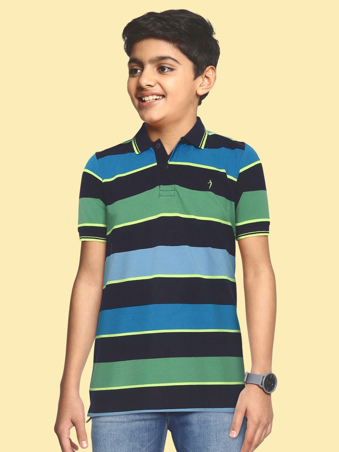 

Indian Terrain Boys Blue & Green Cotton Striped Polo Collar T-shirt