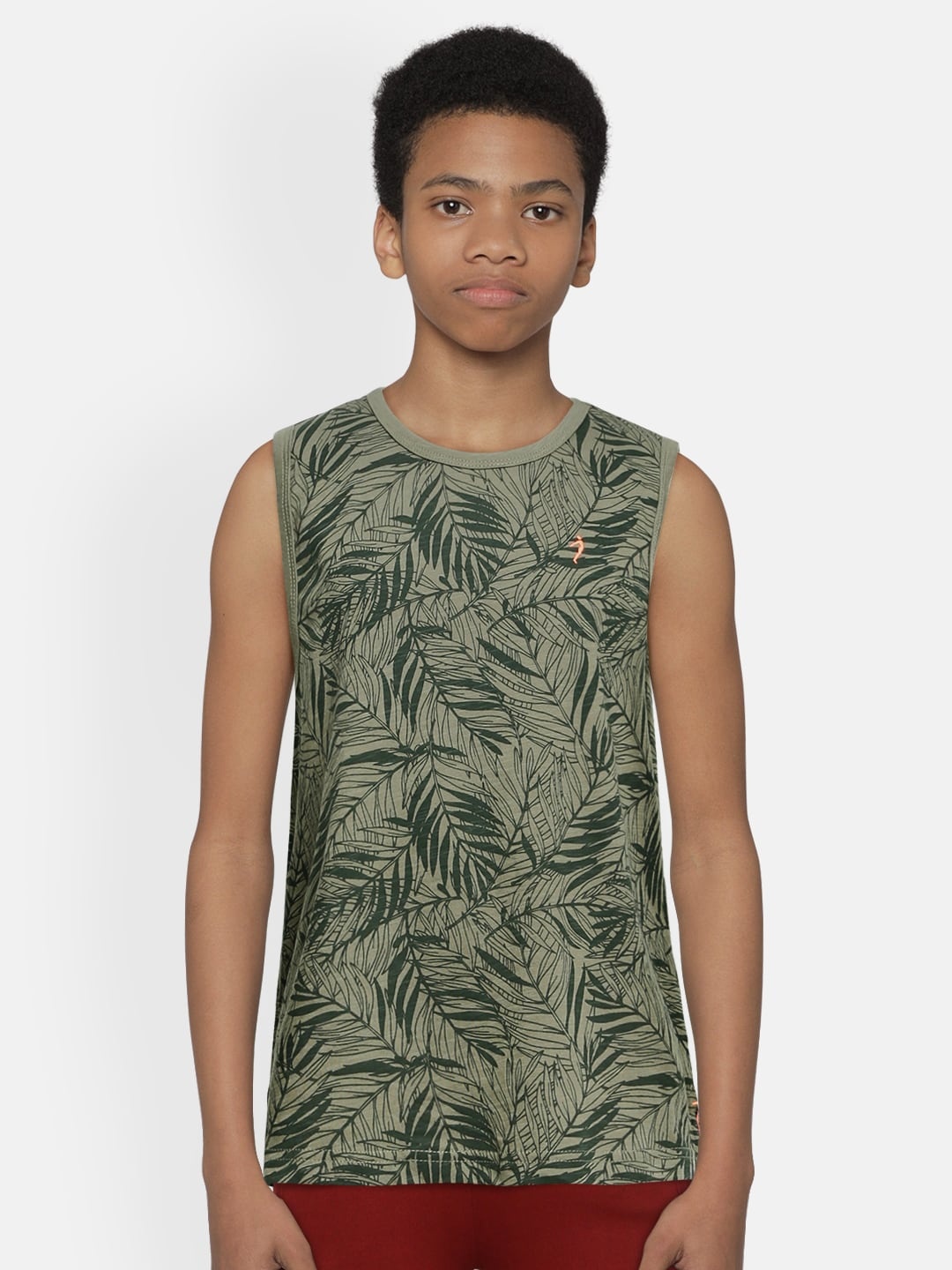 

Indian Terrain Boys Olive Green Tropical Printed Pure Cotton T-shirt