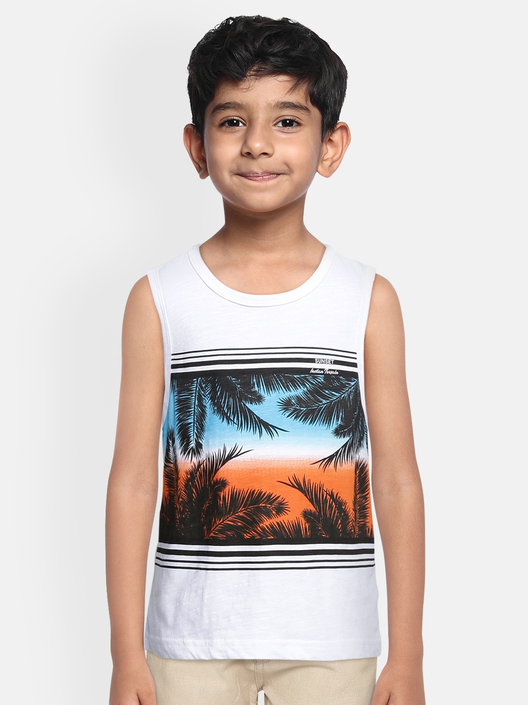 

Indian Terrain Boys White Black Tropical Printed Pure Cotton T-shirt