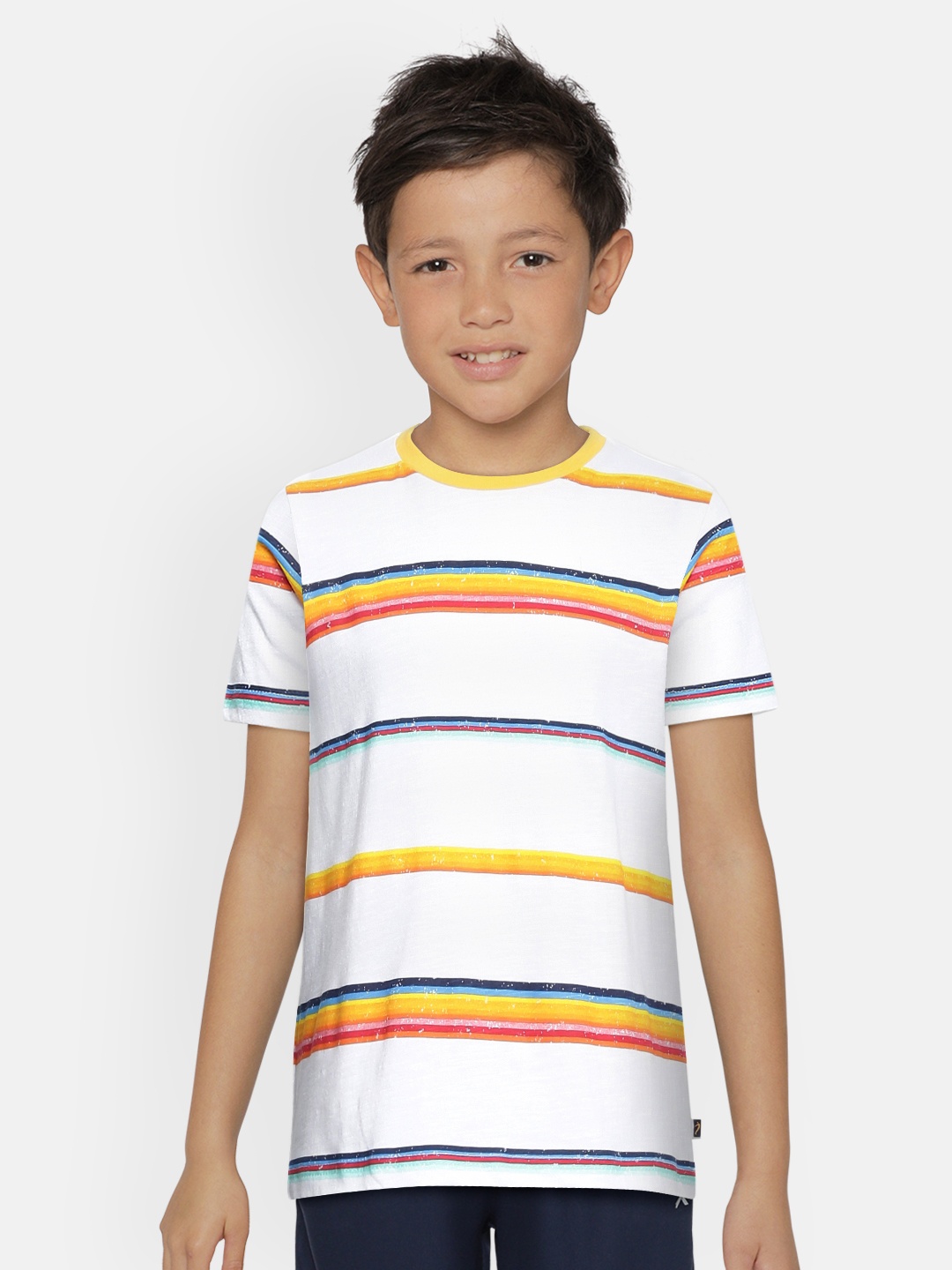 

Indian Terrain Boys White Yellow Striped Pure Cotton T-shirt