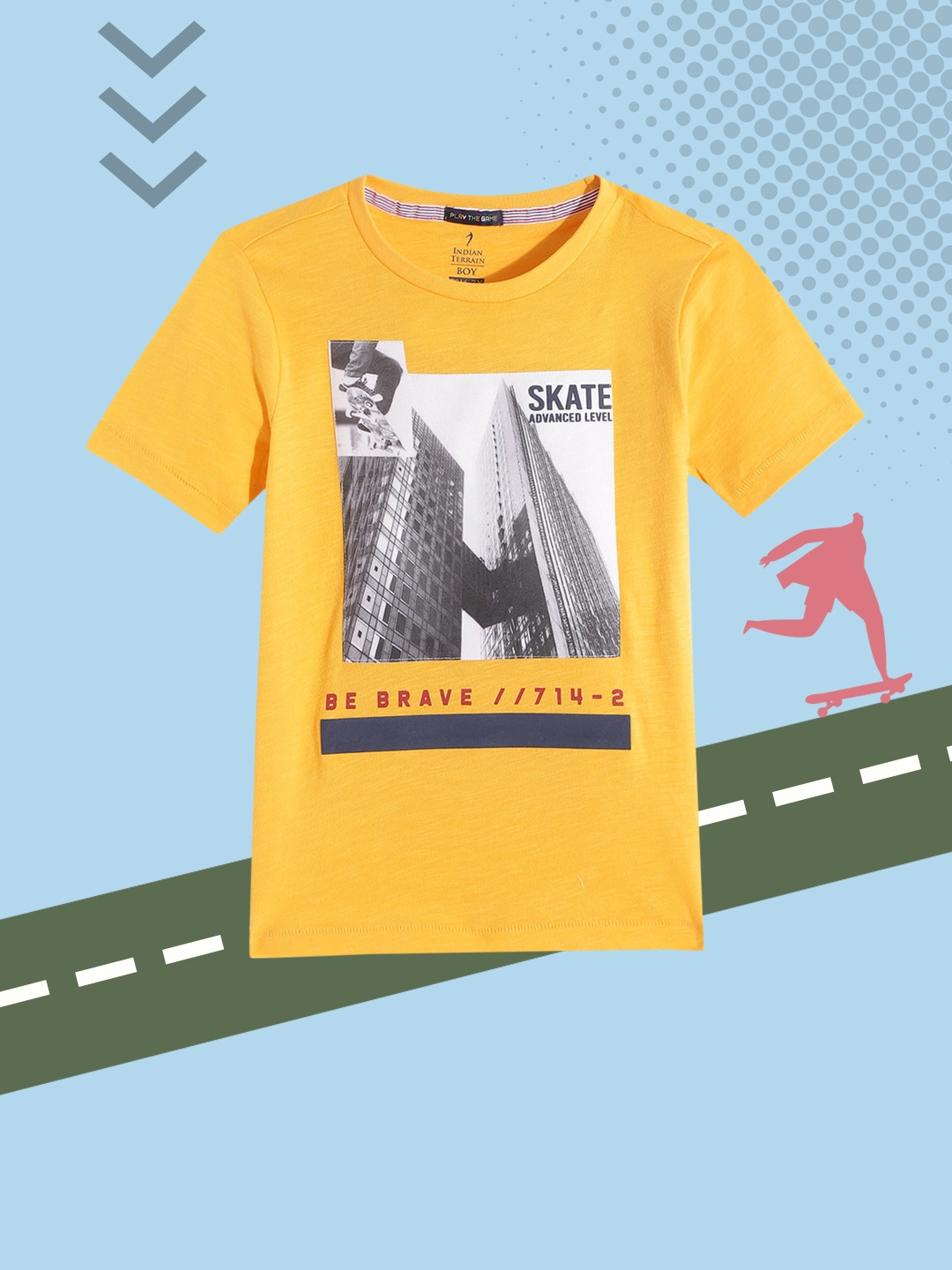 

Indian Terrain Boys Yellow & White Printed Pure Cotton T-shirt