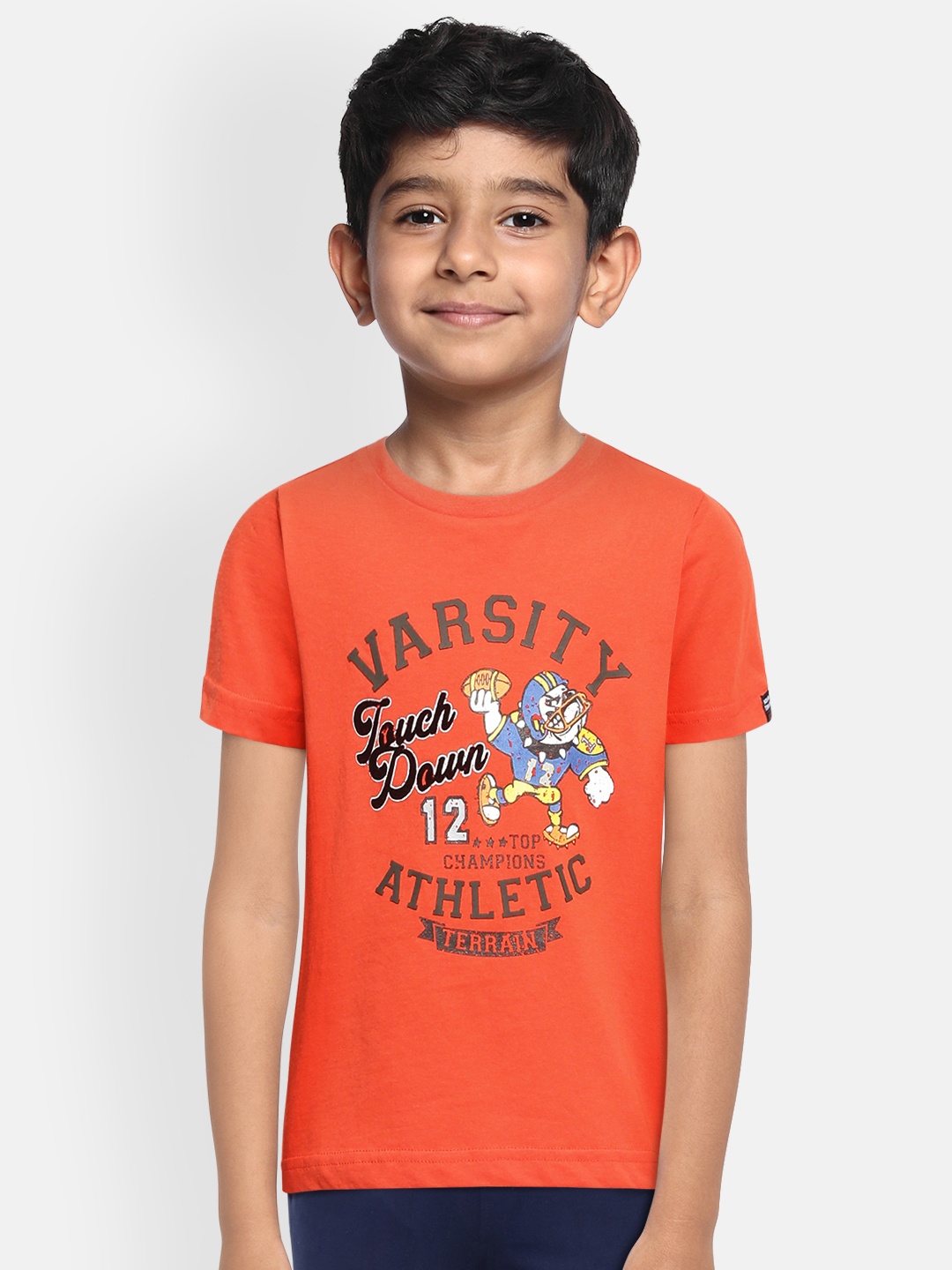 

Indian Terrain Boys Coral Red Varsity Printed Pure Cotton T-shirt