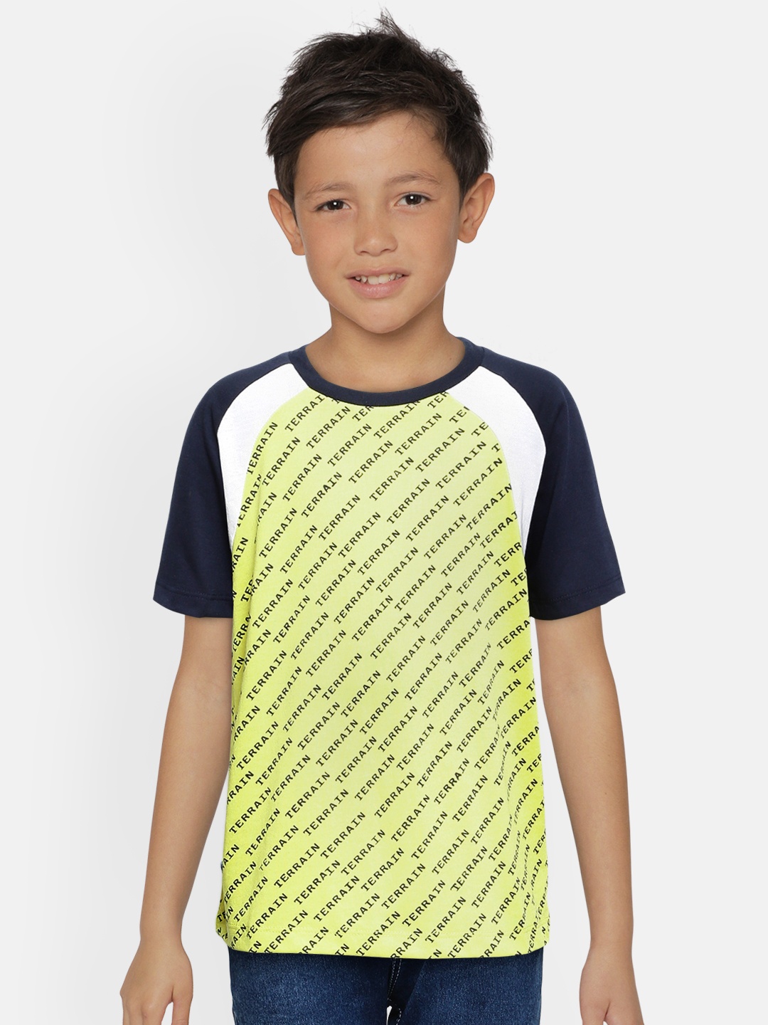 

Indian Terrain Boys Yellow & Navy Blue Printed T-shirt