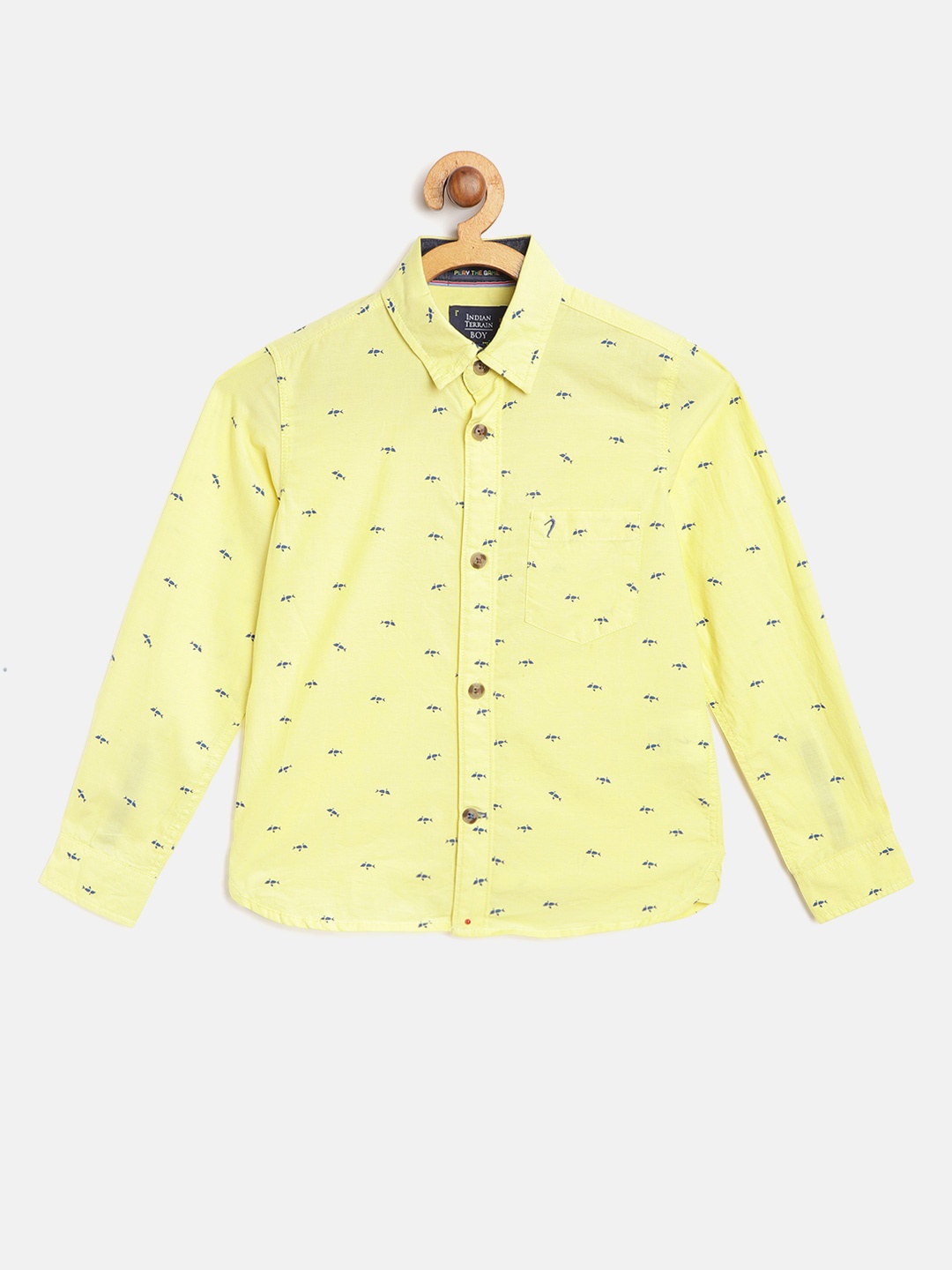 

Indian Terrain Boys Yellow & Navy Blue Ditsy Conversational Print Cotton Casual Shirt