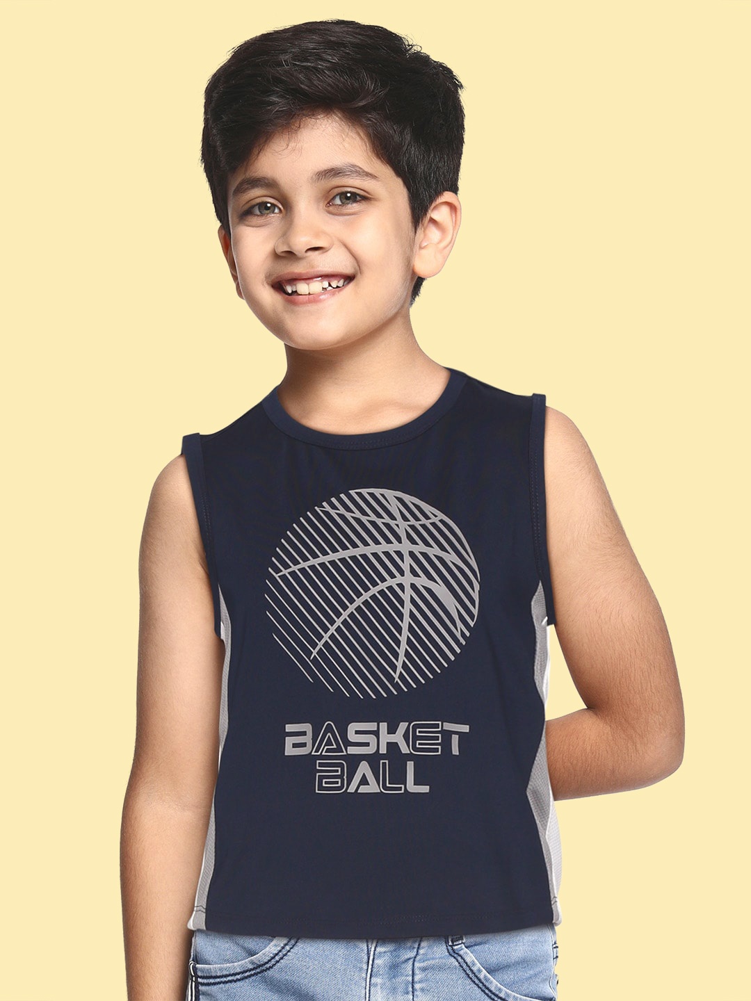 

Indian Terrain Boys Navy Blue & Grey Printed Sleeveless T-shirt