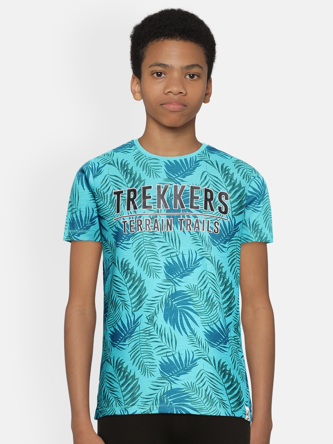

Indian Terrain Boys Blue Tropical Printed Pure Cotton T-shirt