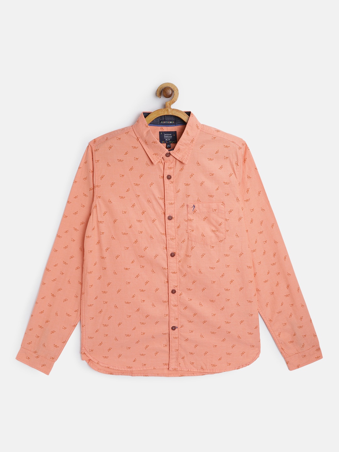 

Indian Terrain Boys Peach-Coloured Cotton Printed Casual Shirt