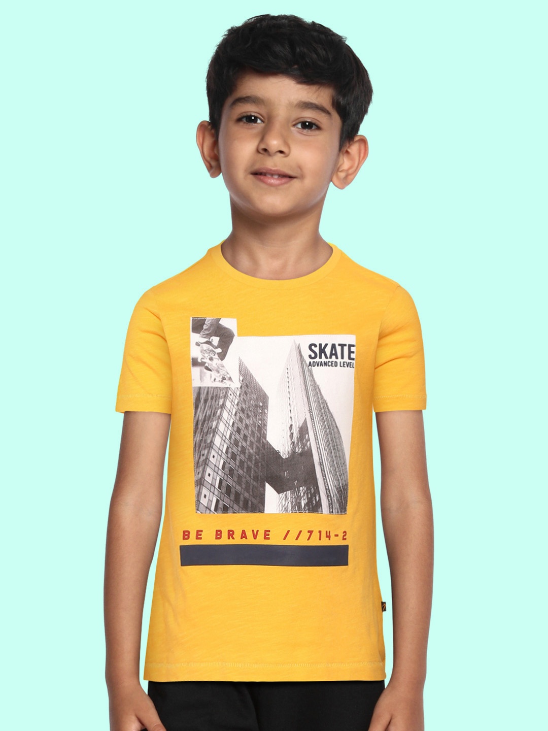 Indian Terrain Boys Yellow & White Printed Pure Cotton T-shirt