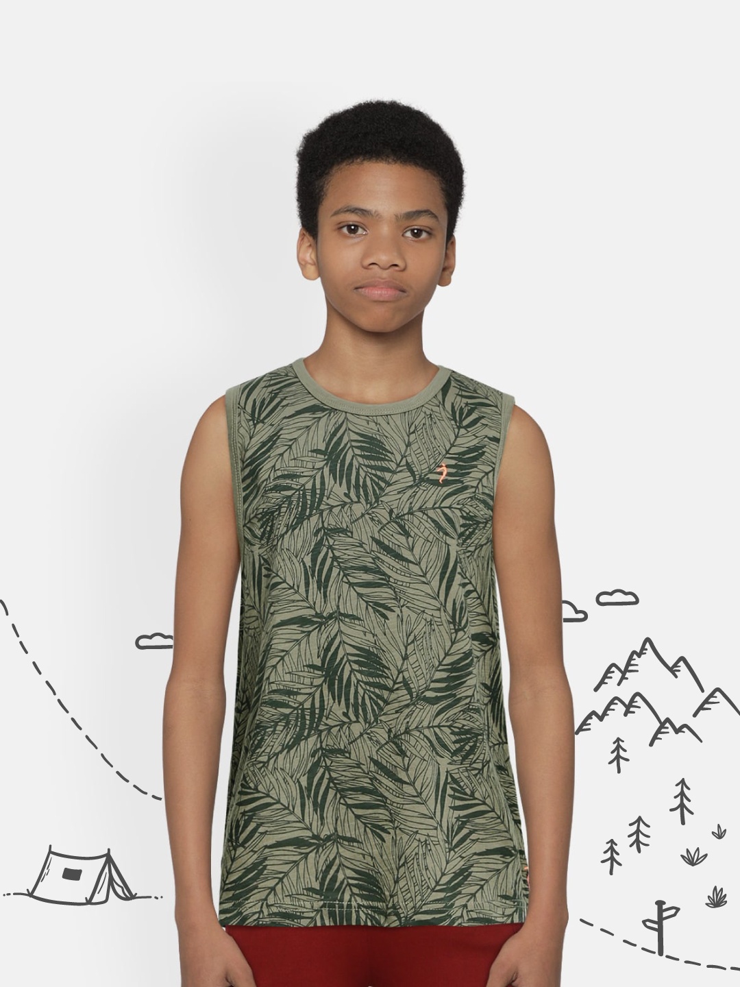 

Indian Terrain Boys Olive Green Tropical Printed Pure Cotton T-shirt