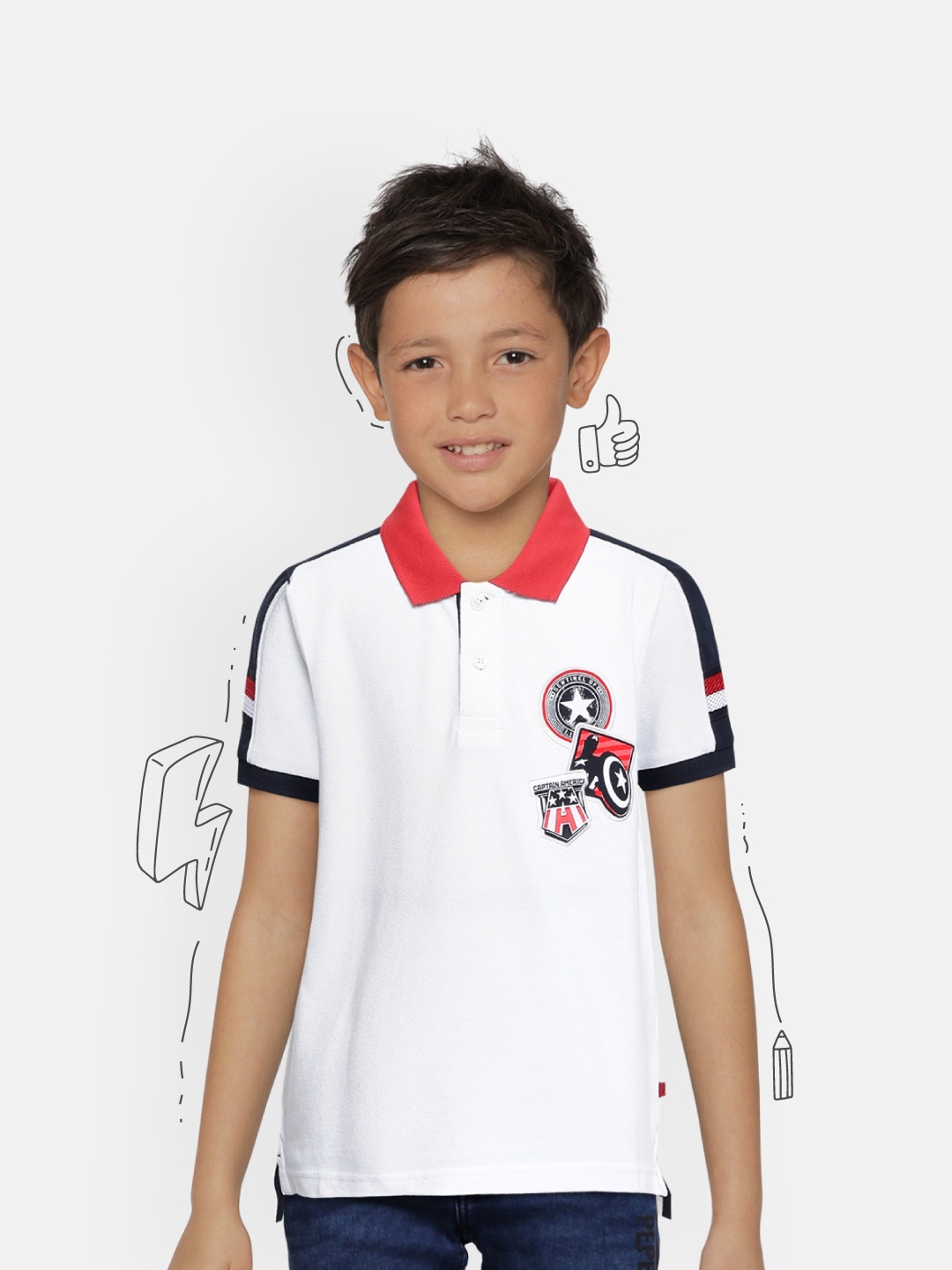 

Indian Terrain Boys White Navy Blue Printed Pure Cotton Polo Collar Pure Cotton T-shirt