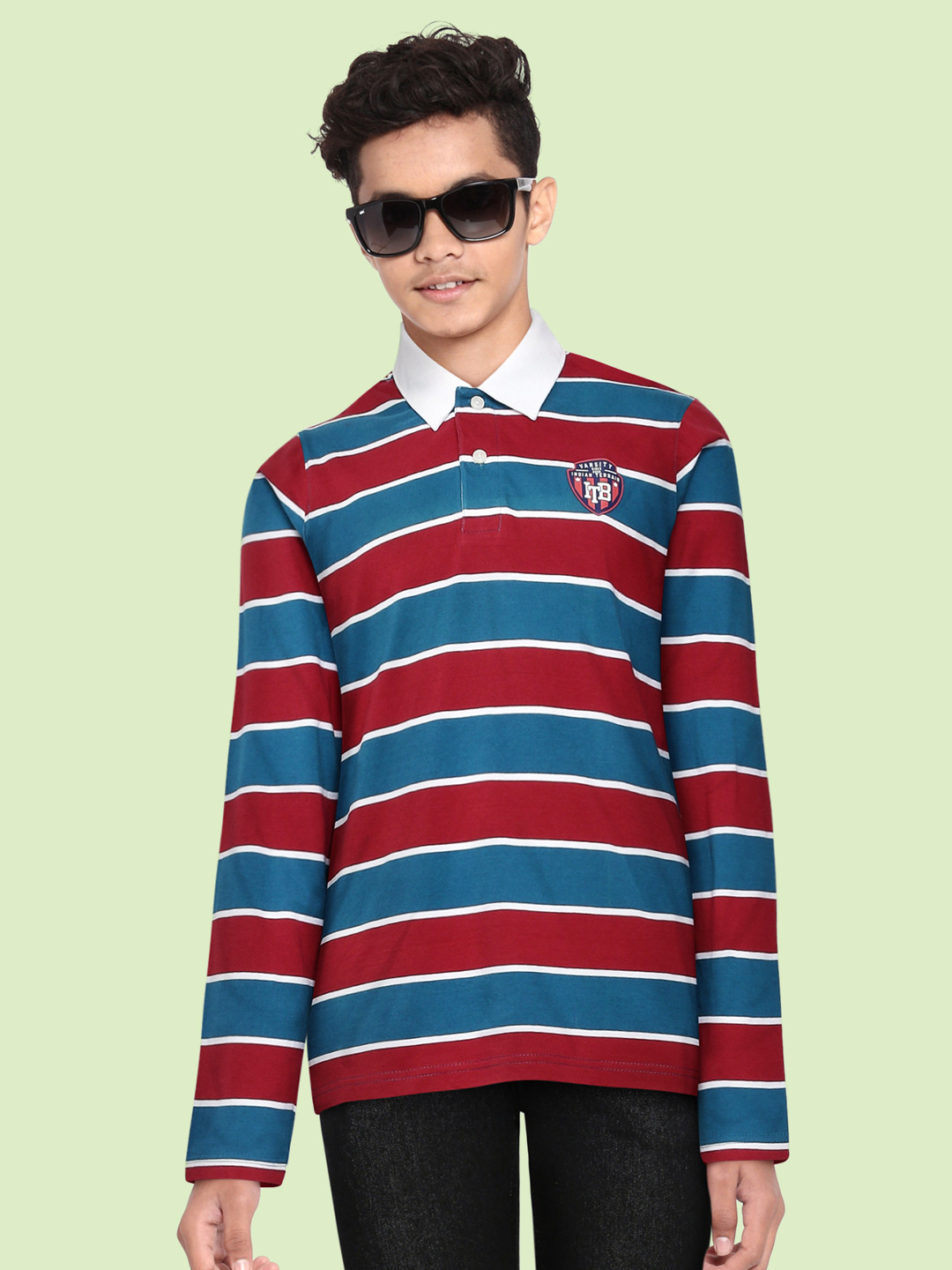

Indian Terrain Boys Teal Blue & Maroon Cotton Striped Polo Collar T-shirt