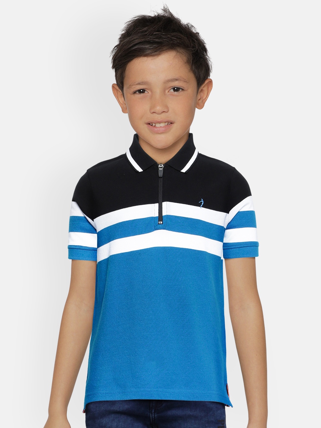 

Indian Terrain Boys Blue Black Striped Polo Collar Pure Cotton T-shirt