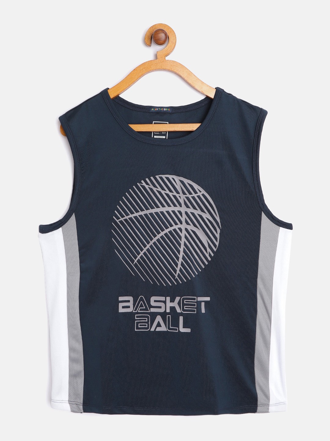 

Indian Terrain Boys Navy Blue & Grey Printed Sleeveless T-shirt