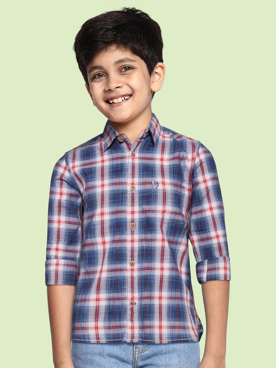 Indian Terrain Boys Navy Blue Tartan Checked Pure Cotton Casual Shirt