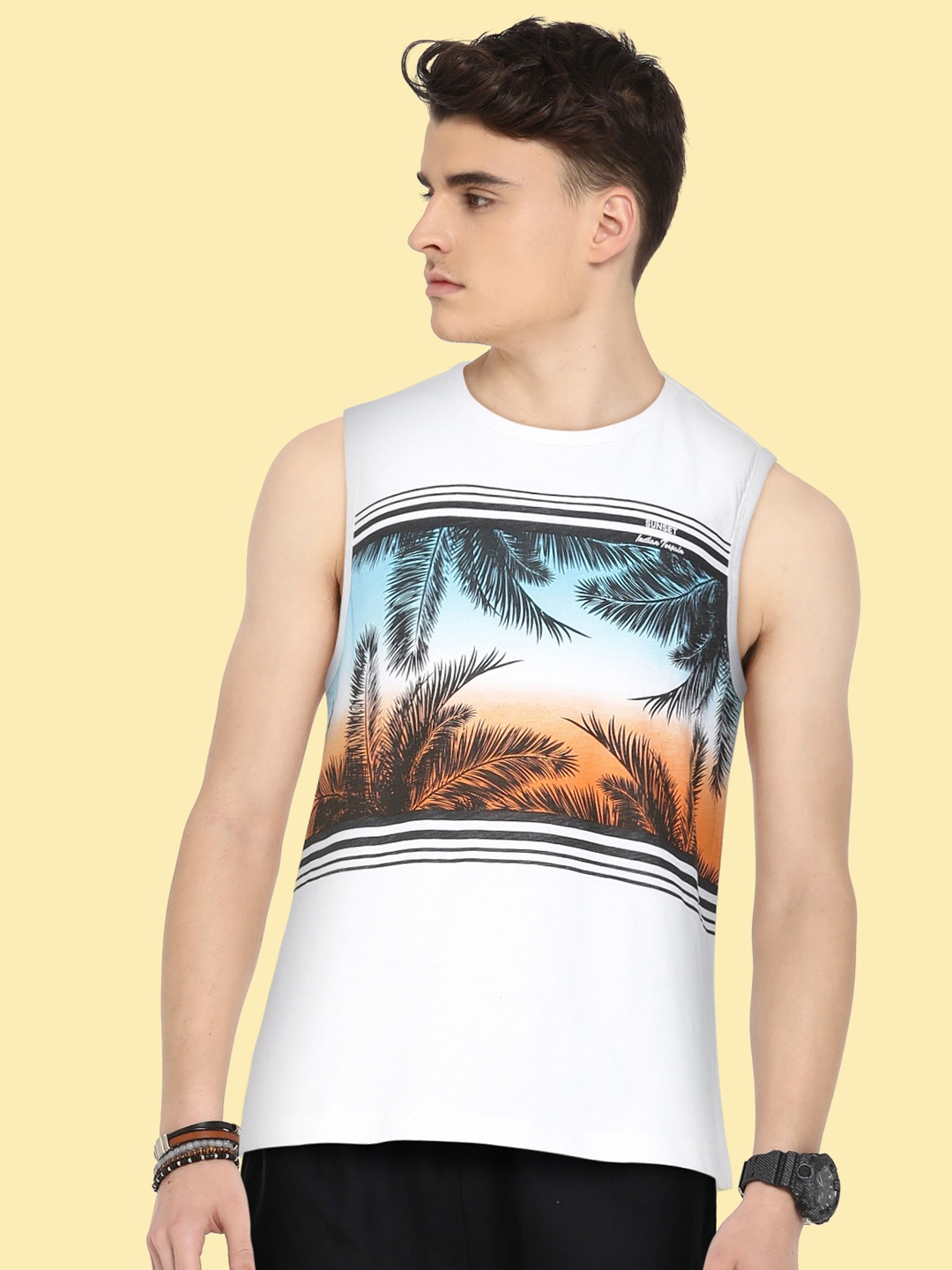 

Indian Terrain Boys White Black Tropical Printed Pure Cotton T-shirt