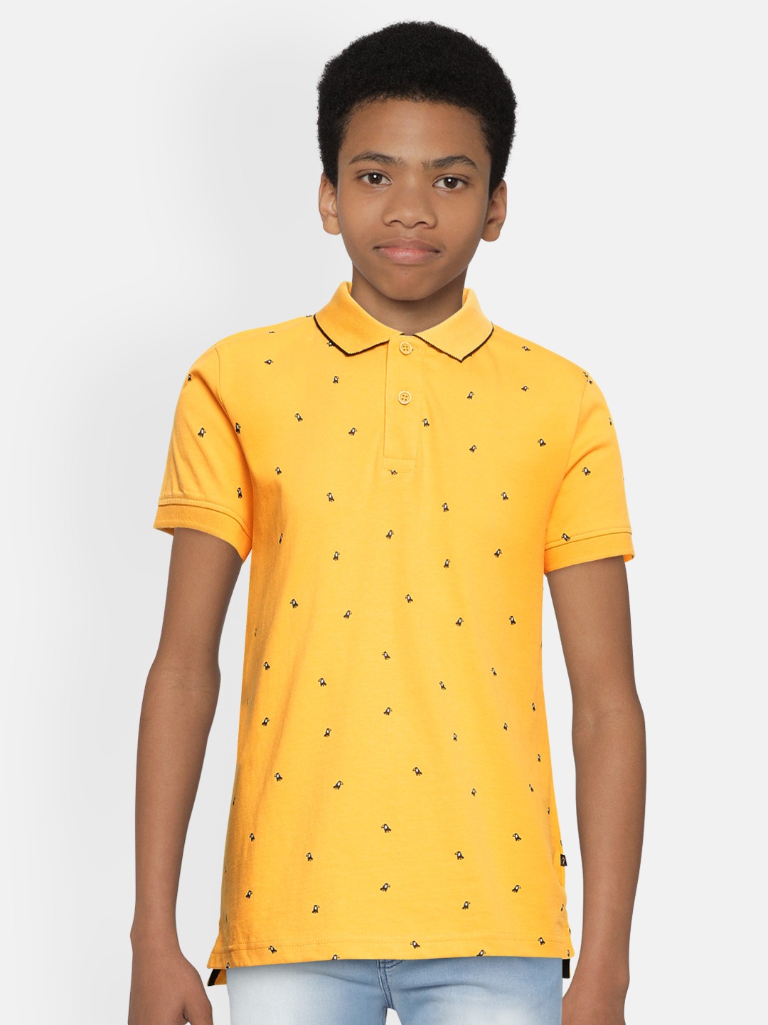

Indian Terrain Boys Yellow Printed Pure Cotton Polo Collar Pure Cotton T-shirt