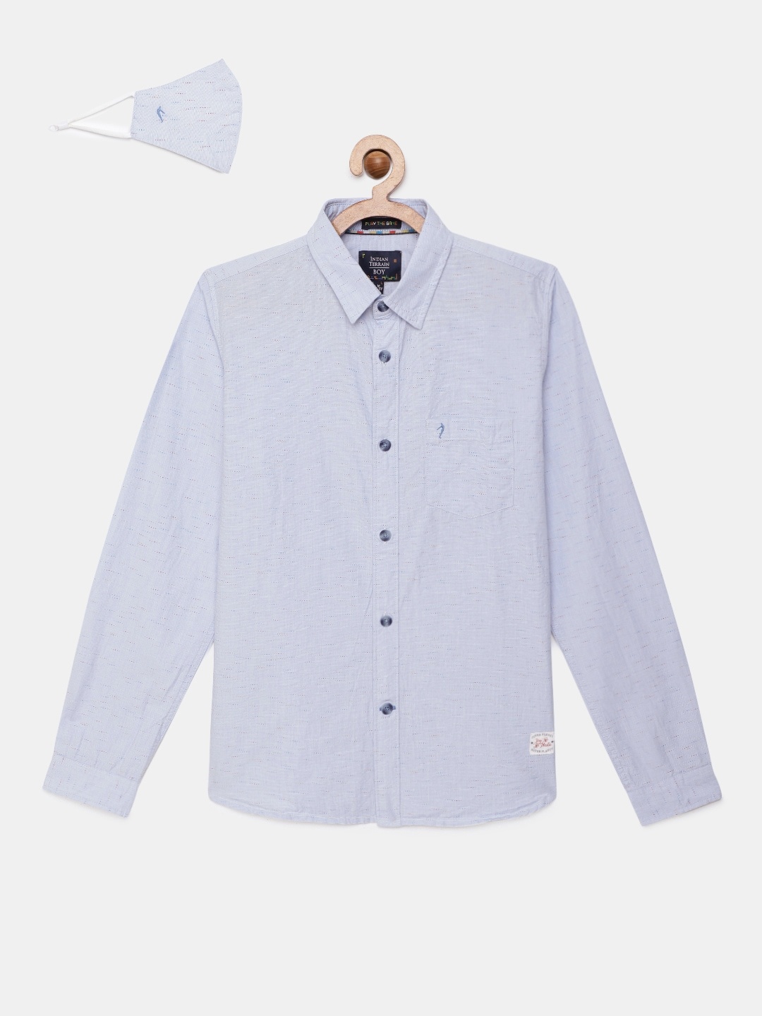 

Indian Terrain Boys Blue Micro Ditsy Print Pure Cotton Casual Shirt with Face Mask