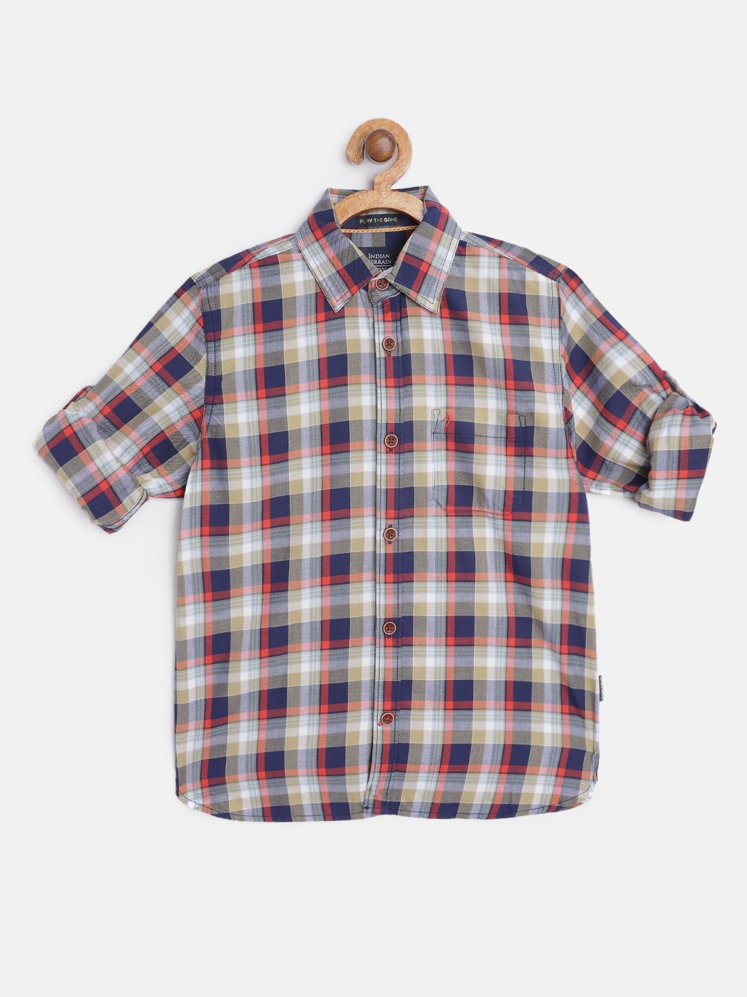 

Indian Terrain Boys Navy Blue & Olive Green Tartan Checked Cotton Casual Shirt