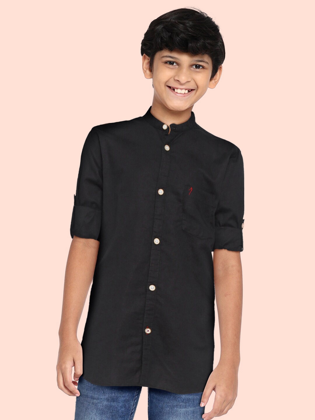 

Indian Terrain Boys Black Solid Mandarin Collar Casual Shirt