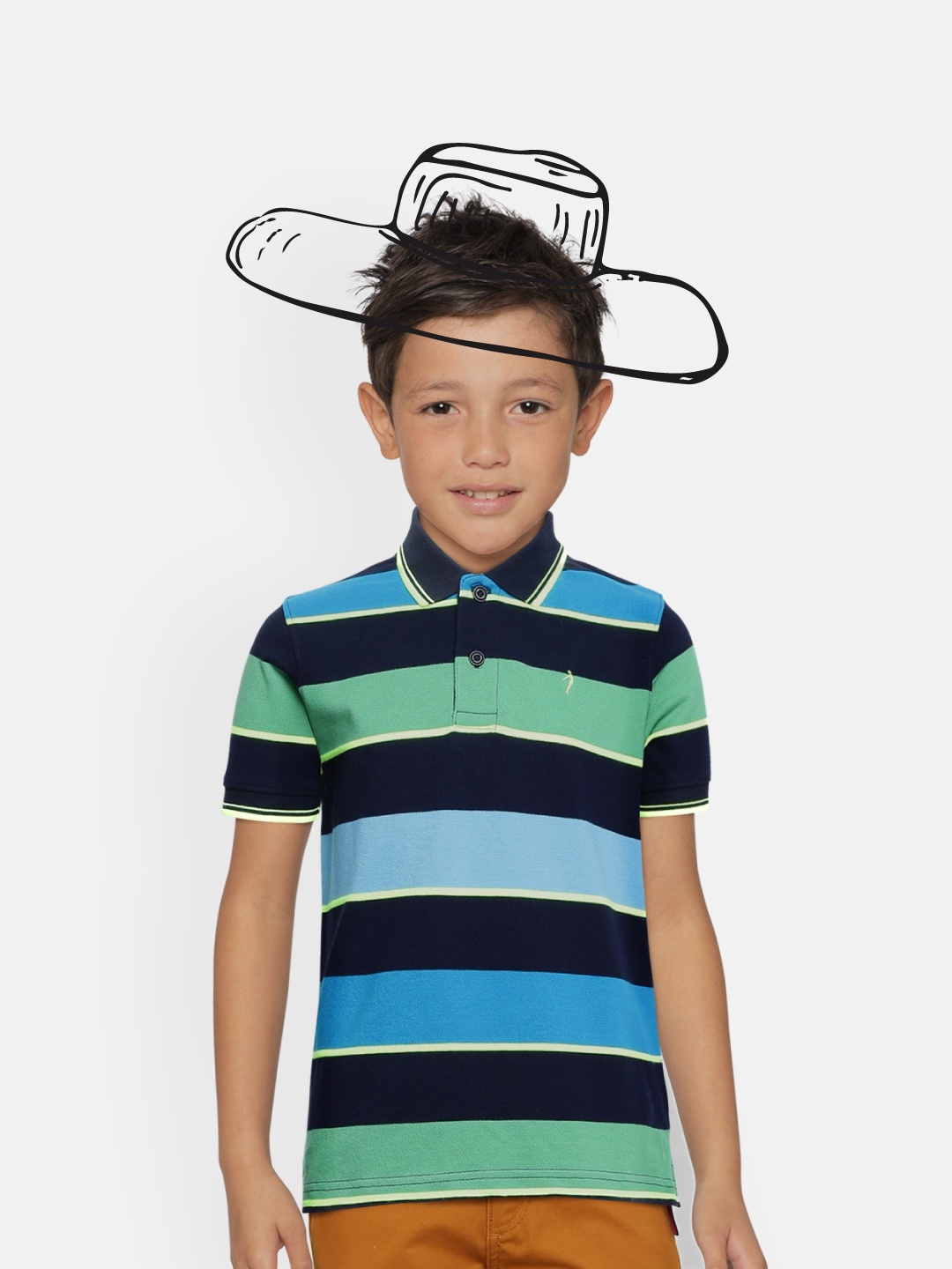 

Indian Terrain Boys Blue Green Striped Pure Cotton Polo Collar Pure Cotton T-shirt