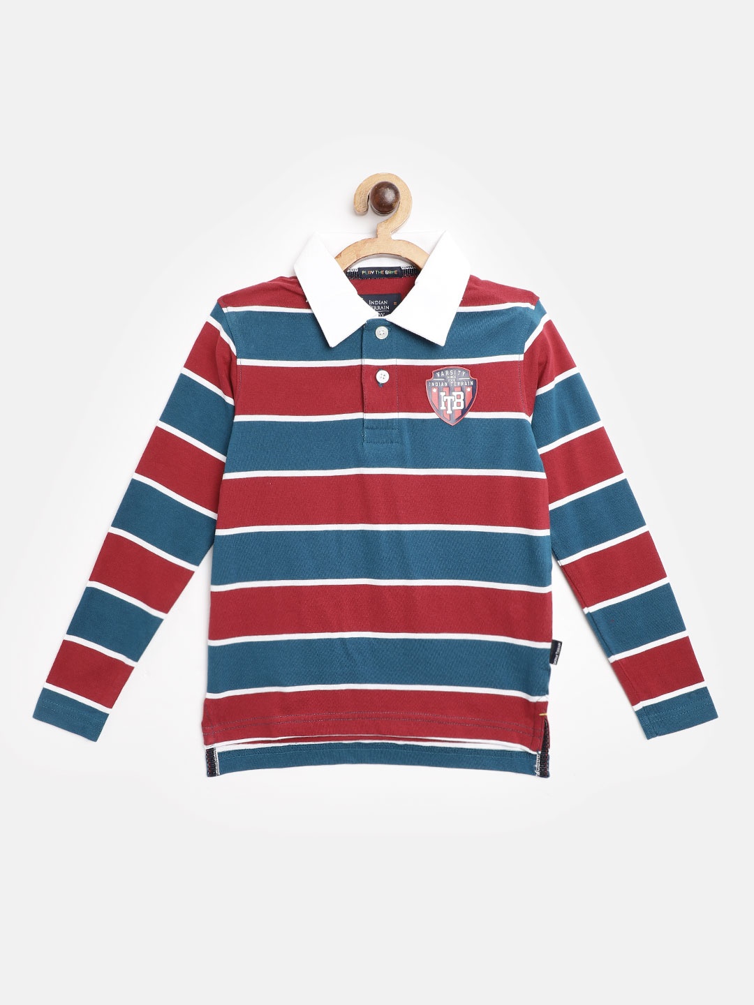 

Indian Terrain Boys Red & Teal Blue Cotton Striped Polo Collar T-shirt