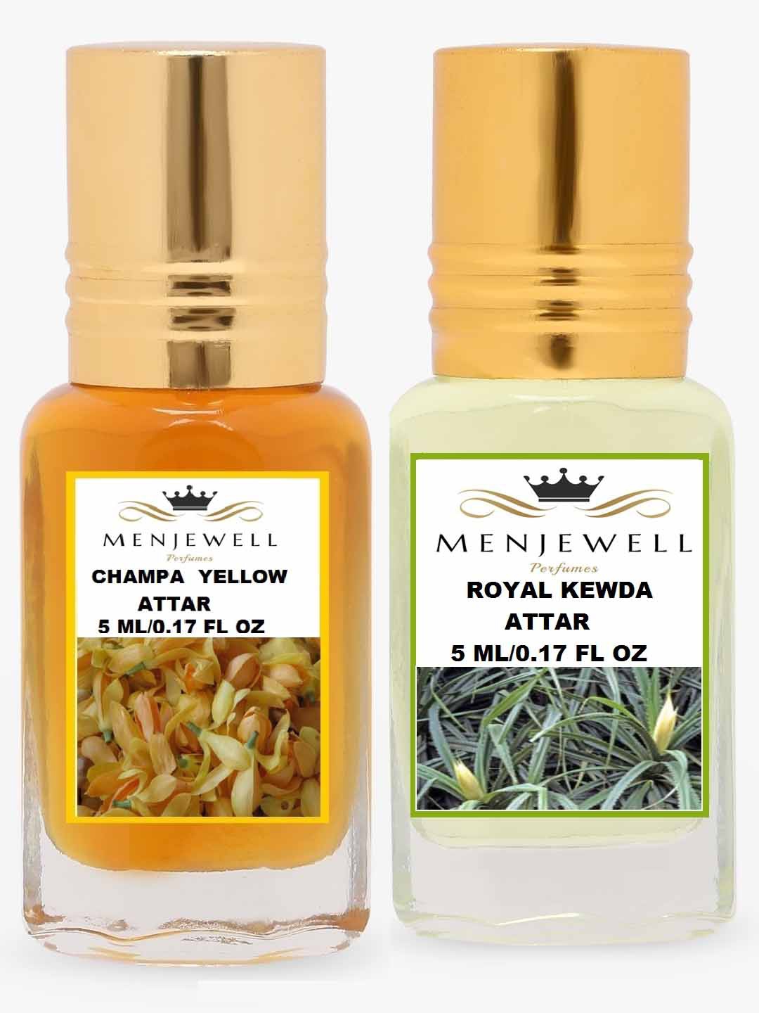 

Menjewell Set of 2 Champa Yellow & Royal Kevda Attar 10 ml, Transparent