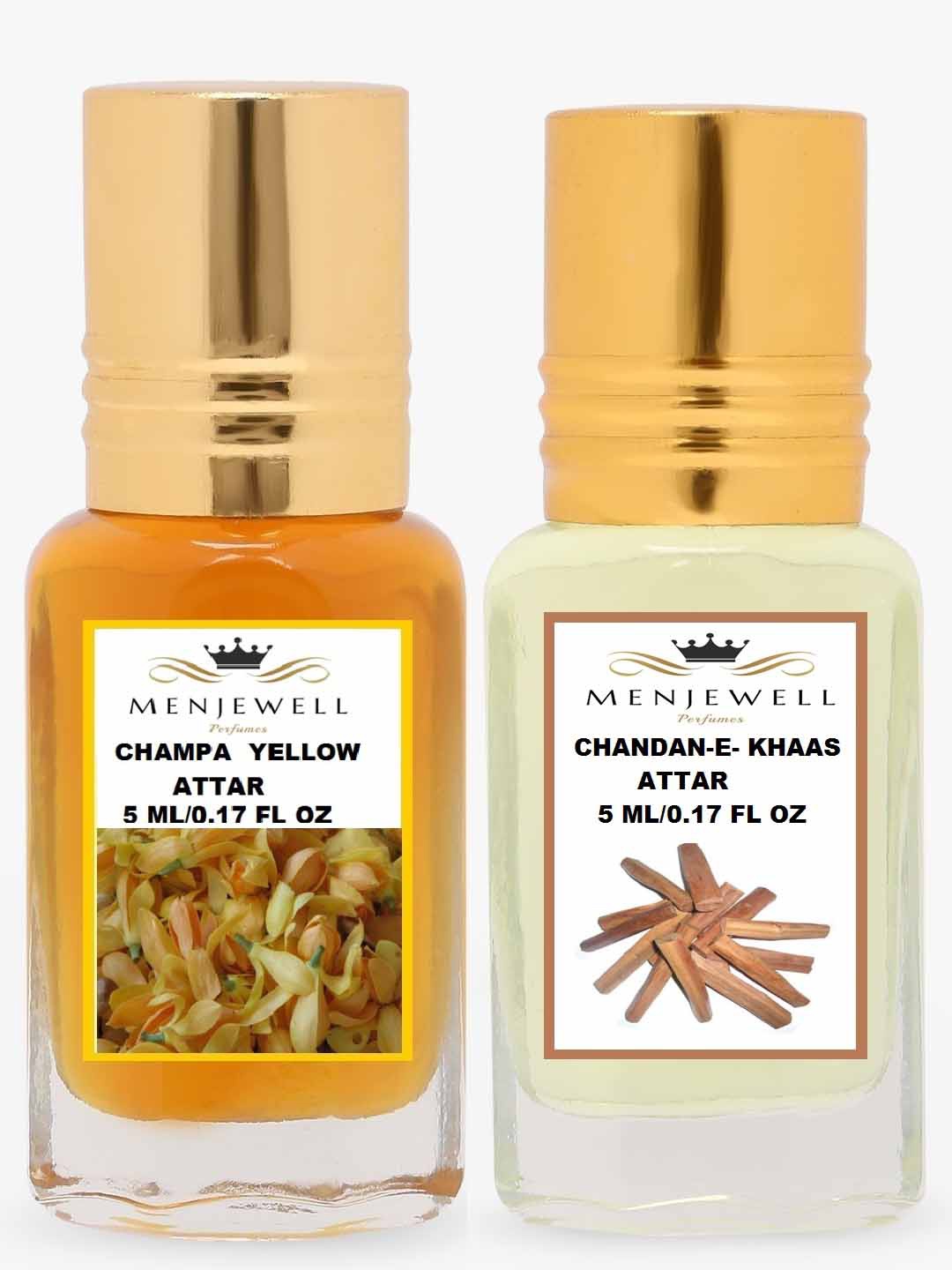 

Menjewell Set of 2 Champa Yellow & Chandan-E-Khaas Attar 10 ml, Transparent