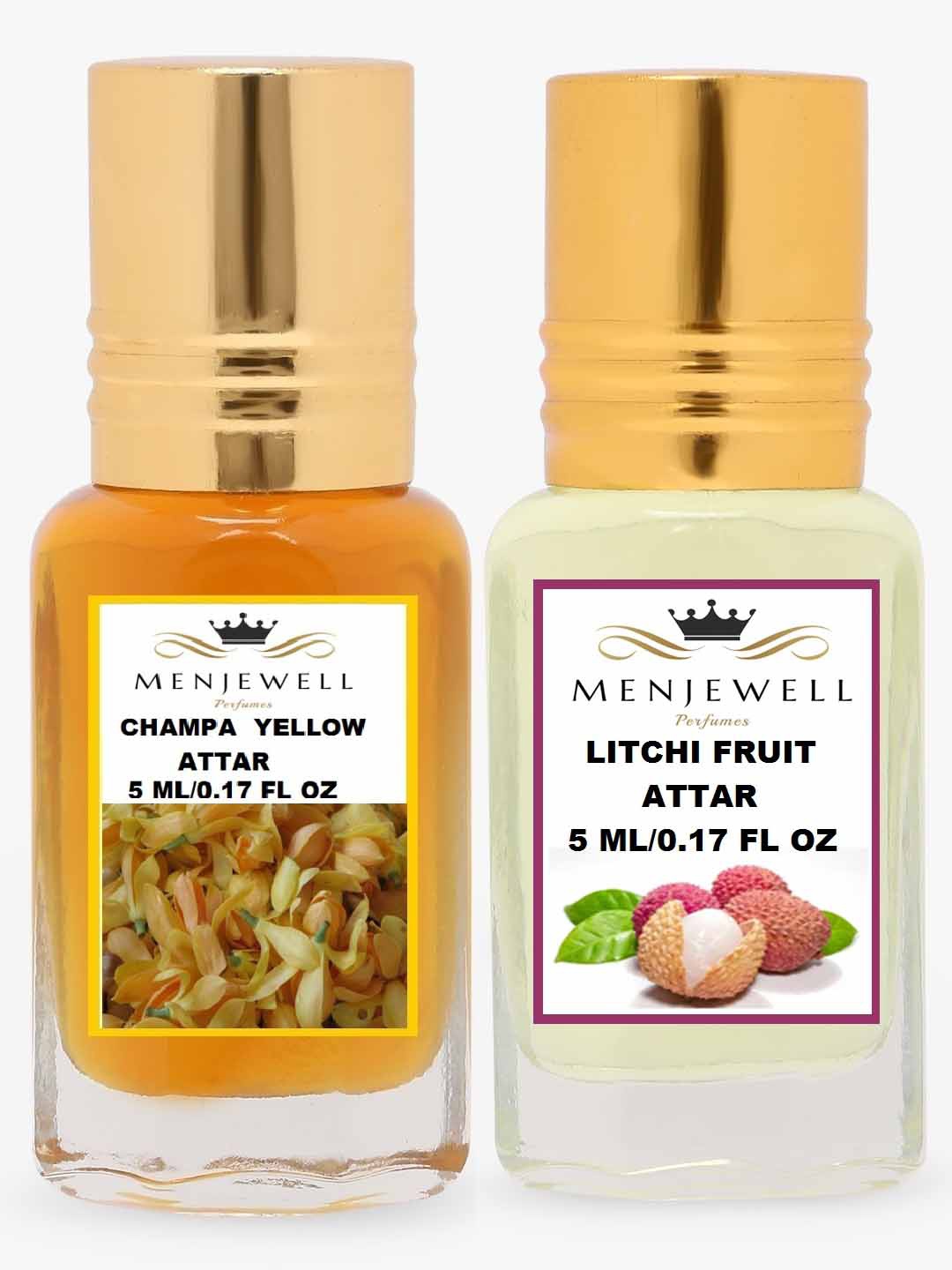 

Menjewell Set of 2 Champa Yellow & Litchi Fruit Attar 10 ml, Transparent