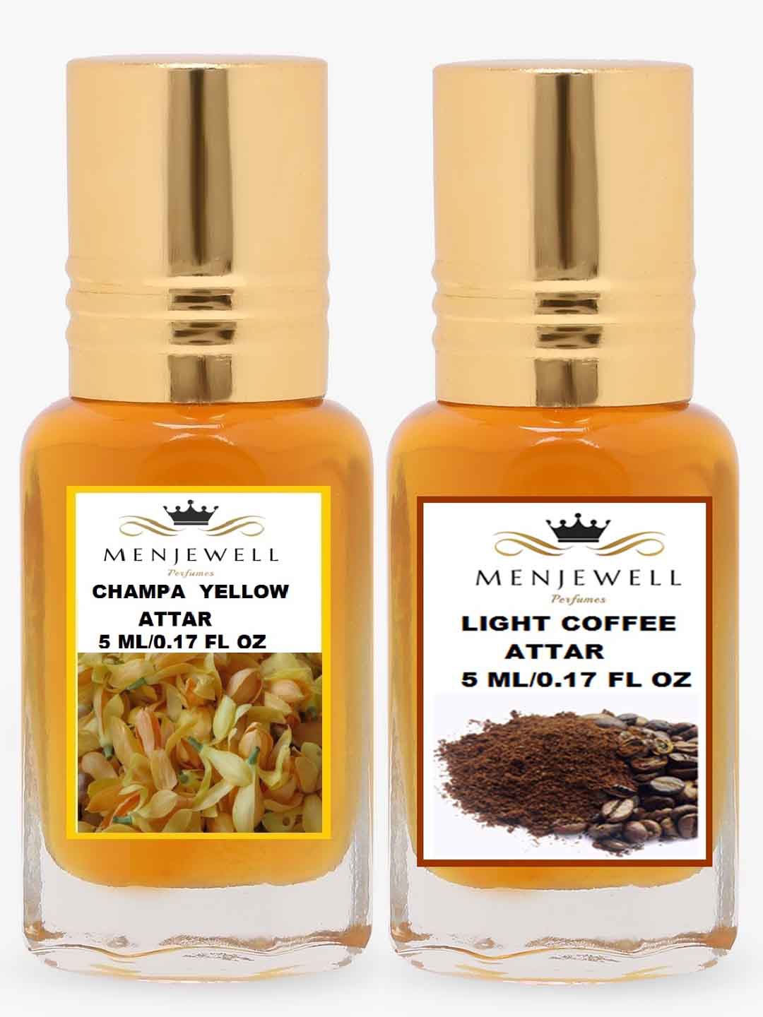 

Menjewell Set of 2 Champa Yellow & Light Coffee Attar 10ml, Transparent