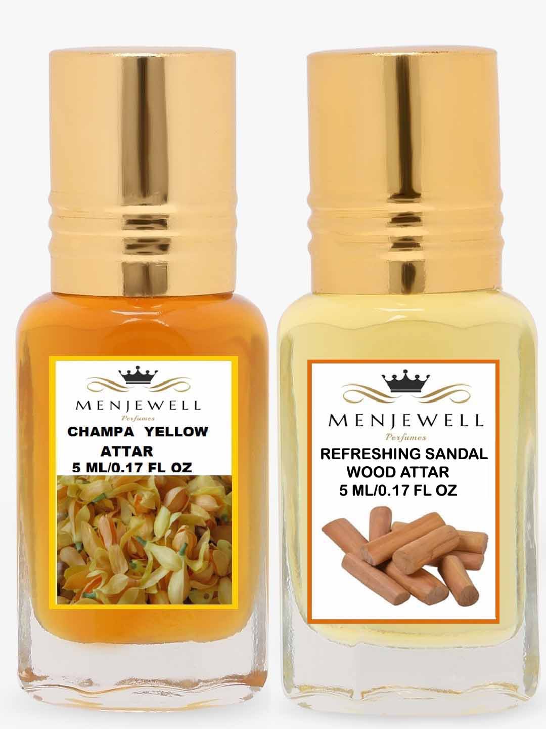 

Menjewell Pack of 2 Attar Champa Yellow And Refreshing Sandalwood 5 ml, Gold