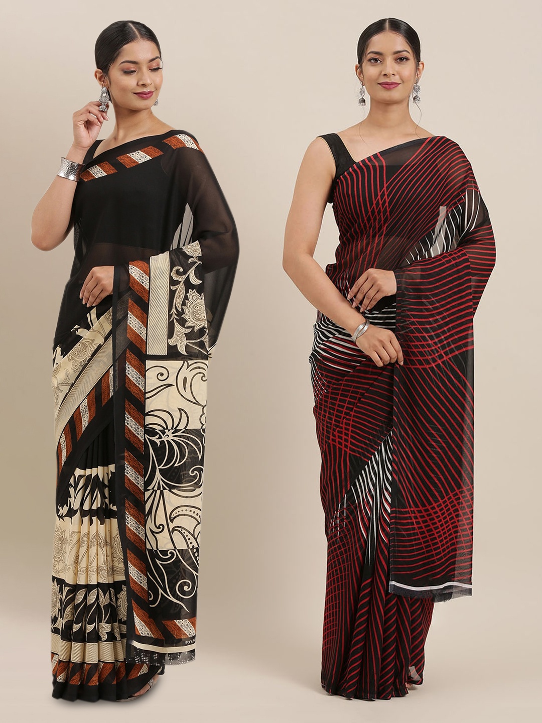 

ANAND SAREES Pack Of 2 Printed Poly Georgette Sarees, Black