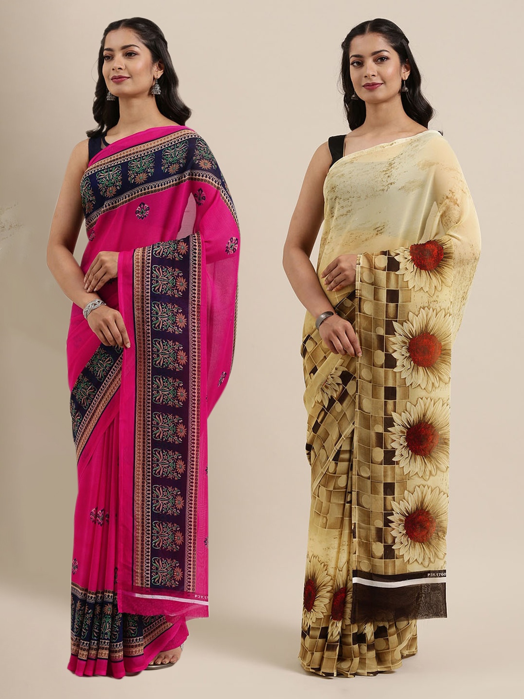 

KALINI Set Of 2 Poly Georgette Printed Saree, Beige
