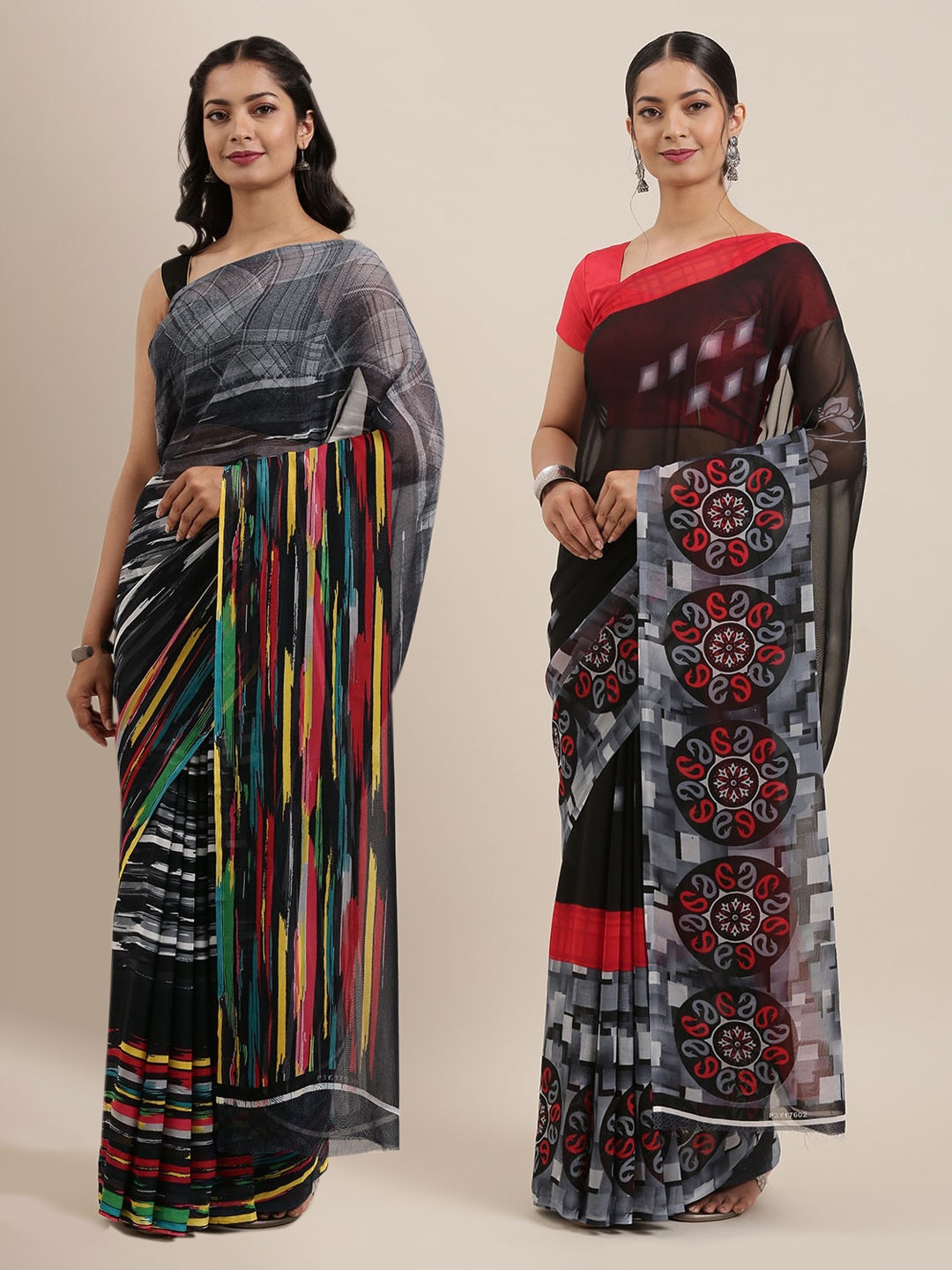 

ANAND SAREES Pack Of 2 Printed Poly Georgette Sarees, Black