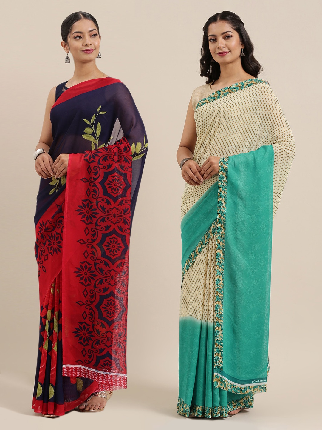 

ANAND SAREES Pack of 2 Printed Sarees, Cream