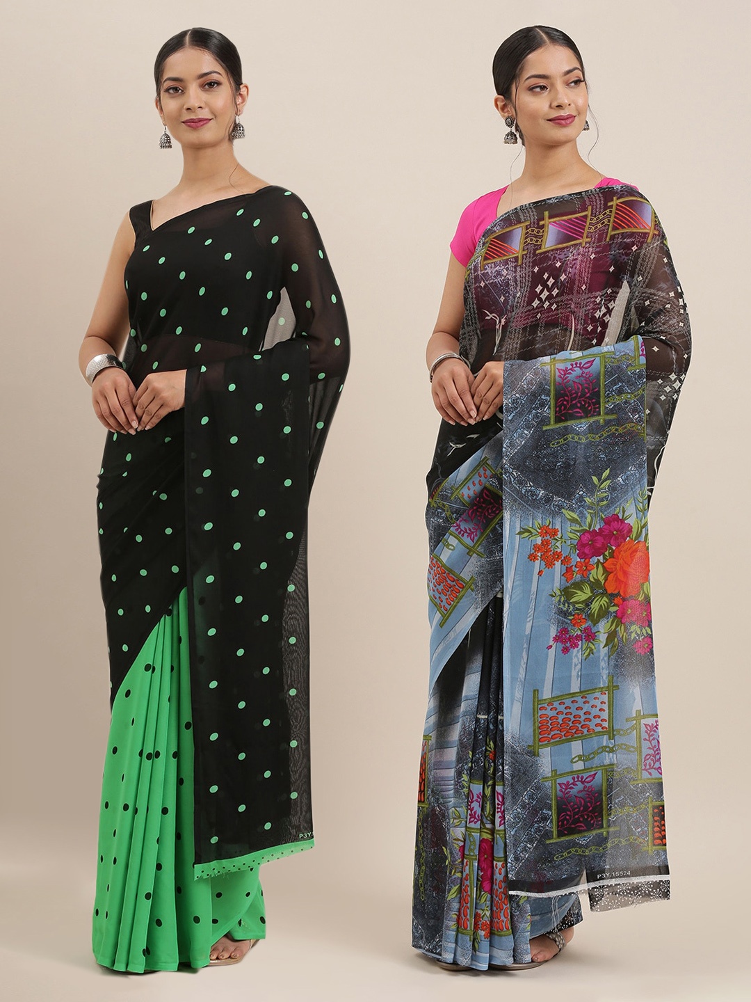 

ANAND SAREES Pack Of 2 Printed Poly Georgette Sarees, Black